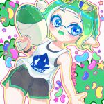  1girl :d black_shorts blonde_hair blush candy commentary_request dolphin_shorts eyewear_on_head food green_hair green_trim holding holding_weapon inkling inkling_girl inkling_player_character jelly_bean luna_blaster_(splatoon) multicolored_hair outline pointy_ears print_shirt shirt short_hair shorts sleeveless sleeveless_shirt smile solo splatoon_(series) star_(symbol) sunglasses takekekekeno tentacle_hair two-tone_hair weapon white_background yellow_outline 