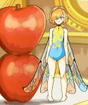  1girl apple bare_shoulders barefoot blue_eyes blue_leotard collarbone commentary covered_navel english_commentary eyelashes fairy fairy_wings food fruit gallica_(metaphor:_refantazio) hair_over_one_eye hairband highres hinaz0 leotard metaphor:_refantazio mini_person multicolored_leotard orange_hair pointy_ears short_hair solo standing two-tone_leotard wings yellow_leotard 