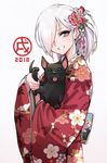  2018 chinese_zodiac dog floral_print grey_eyes hair_ornament hair_over_one_eye happy_new_year highres japanese_clothes kimono long_sleeves new_year obi oopartz_yang original red_kimono sash simple_background smile solo tied_hair tongue tongue_out uma_(oopartz_yang) upper_body white_background white_hair wide_sleeves year_of_the_dog 