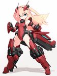  :&lt; aqua_eyes armor armpits blonde_hair blue_eyes boots cameltoe closed_mouth covered_navel densou_tenshi_valforce frown full_body gloves highres karukan_(monjya) leotard long_hair looking_at_viewer mecha_musume misawa_elena red_footwear red_leotard revision shadow solo standing thigh_boots thighhighs two_side_up white_background 