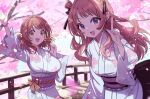  2girls ahoge arm_up black_ribbon blue_eyes blue_kimono blurry blurry_foreground blush bow bracelet breasts brown_eyes brown_hair cherry_blossoms clenched_hand commentary falling_petals fence floral_print floral_print_kimono gakuen_idolmaster hair_bun hair_ribbon hanami_saki hanami_ume hand_up idolmaster index_finger_raised japanese_clothes jewelry kimono large_breasts long_hair long_sleeves looking_at_viewer mao_xiaozha_(rumiechen) medium_breasts multiple_girls obi obiage obijime open_hand open_mouth outdoors petals pink_petals print_kimono ribbon sash sash_bow shadow siblings sisters smile striped_bow tree two_side_up wide_sleeves 