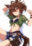  1girl absurdres agnes_tachyon_(lunatic_lab)_(umamusume) agnes_tachyon_(umamusume) ahoge animal_ears bikini black_bikini blush book-16key breasts brown_hair commentary_request criss-cross_halter denim denim_shorts green_jacket hair_between_eyes halterneck highres horse_ears horse_girl horse_tail jacket leather_wrist_straps looking_at_viewer medium_breasts medium_hair navel official_alternate_costume open_clothes open_fly open_mouth open_shorts red_eyes shorts solo swimsuit tail thigh_strap tied_jacket torn_clothes torn_shorts umamusume wrist_straps 