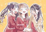  +++ 3girls :d animification black_hair brown_cardigan brown_hair cardigan closed_eyes commentary dress flower hair_flower hair_ornament half_updo hasu_no_sanrenka hasu_no_sora_school_uniform highres hug hug_from_behind kan_kanna laughing long_hair long_sleeves love_live! love_live!_hasu_no_sora_jogakuin_school_idol_club making-of_available multiple_girls neckerchief nirei_nozomi nonaka_kokona open_cardigan open_clothes open_mouth outline real_life red_dress red_neckerchief sailor_collar sailor_dress school_uniform simple_background smile teeth twintails upper_teeth_only voice_actor white_(waterwhite) white_flower white_outline white_sailor_collar winter_uniform yellow_background 