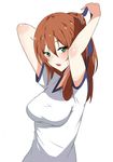  alternate_costume arms_up blue_ribbon blush braid breasts brown_hair commentary_request eyebrows_visible_through_hair girls_frontline green_eyes gym_shirt gym_uniform hair_between_eyes hair_over_shoulder hair_ribbon hand_in_hair highres large_breasts long_hair looking_at_viewer m1903_springfield_(girls_frontline) open_mouth ponytail ribbon shirt simple_background smile solo sweatdrop tsurime tying_hair ururu white_background white_shirt 