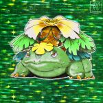  alternate_color animal_focus arita_mitsuhiro_(style) bright_pupils closed_mouth commentary derivative_work english_commentary fangs faux_retro_artstyle flower full_body green_background highres leaf mega_pokemon mega_venusaur no_humans nostrils official_art_redraw official_style outline parody plant pokemon pokemon_(creature) pokemon_focus pokemon_tcg rcortezdraws red_eyes shiny_pokemon smile solo style_parody twitter_username venusaur vines watermark white_outline white_pupils yellow_flower 