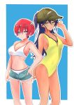  2girls absurdres amate_yuzuriha bikini blue_background blue_eyes breasts cleavage commentary_request green_one-piece_swimsuit gundam gundam_gquuuuuux hand_on_own_hip hat highres multiple_girls nyaan_(gundam_gquuuuuux) one-piece_swimsuit ponytail purple_hair red_hair short_hair shorts sideboob swimsuit white_bikini xcua4574 yellow_eyes 