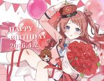  1girl arm_up balloon blue_eyes blue_ribbon blurry blurry_foreground blush bouquet box brown_hair chibigurumi commentary confetti crown dated flower gakuen_idolmaster gift gift_box hanami_saki hanami_ume hand_on_headwear happy_birthday hatsuboshi_gakuen_school_uniform highres holding holding_flower idolmaster in_box in_container jacket long_hair long_sleeves looking_at_viewer neck_ribbon parted_lips pink_jacket red_flower red_rose ribbon rose school_uniform shirota_(takoyaki_110721) shirt socks solo string_of_flags two_side_up white_shirt white_socks 