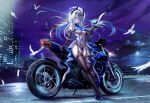  1girl absurdres bird black_garter_straps black_gloves black_horns black_thighhighs blue_eyes blue_flower blue_hair blue_shoes breasts character_request closed_mouth commentary commission covered_navel elbow_gloves fingerless_gloves flower garter_straps gloves hair_between_eyes hand_up high_heels highres horns kcar66t leaning_against_vehicle leotard long_hair looking_at_viewer motor_vehicle motorcycle multicolored_hair night original outdoors parted_lips road shoes solo street thighhighs torn_clothes torn_gloves torn_thighhighs vehicle_request very_long_hair white_bird white_hair 