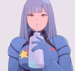  1girl aeug blunt_bangs bottle drink drinking_straw earrings gloves gundam gundam_zz highres holding holding_bottle holding_drink jewelry konishiki_(52siki) long_sleeves looking_at_viewer mecha_pilot_suit medium_hair normal_suit_(gundam) purple_hair red_eyes roux_louka science_fiction single_earring solo star_(symbol) star_print white_background 
