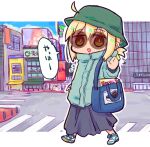  1girl ahoge alternate_costume artoria_pendragon_(fate) bag blonde_hair blue_jacket blue_sky blush brown-tinted_eyewear brown_eyes building chibi cloud commentary_request crosswalk fate/grand_order fate_(series) green_hat grey_skirt hair_through_headwear hat jacket kasuga_yuuki long_skirt long_sleeves looking_at_viewer mysterious_heroine_x_alter_(fate) open_mouth outstretched_arm puffy_long_sleeves puffy_sleeves round_eyewear shoes shoulder_bag skirt sky solo tinted_eyewear walking white_shoes 