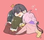  4girls :d ^^^ ahoge anyoji_hime black_hair black_ribbon blonde_hair brown_dress brown_hair commentary_request cropped_torso dress gradient_hair group_hug hair_ornament hair_ribbon hasu_no_shoushihenkei hasu_no_sora_school_uniform highres hug kachimachi_kosuzu katsuragi_izumi long_hair long_sleeves love_live! love_live!_hasu_no_sora_jogakuin_school_idol_club momose_ginko multi-tied_hair multicolored_hair multiple_girls neckerchief nervous_smile open_mouth orange_eyes pink_background pink_hair ponytail puripuri_hurai ribbon sailor_collar sailor_dress school_uniform short_hair simple_background slit_pupils smile surprise_hug surprised sweatdrop triangle_hair_ornament virtual_youtuber white_sailor_collar winter_uniform yellow_neckerchief 
