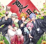  a3! blonde_hair blue_eyes blue_hair brown_eyes closed_eyes commentary_request crossdressing girly_boy green_eyes green_hair grin hat highres ikaruga_misumi japanese_clothes kimono looking_at_viewer male_focus mamechiyo555 miyoshi_kazunari multiple_boys new_year otoko_no_ko pink_hair purple_eyes rurikawa_yuki sakisaka_muku smile sumeragi_tenma 