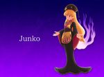  bangs beads black_dress black_hat breasts character_name chinese_clothes closed_mouth crescent dress energy fox_tail full_body gradient gradient_background hair_between_eyes hat highres itatatata junko_(touhou) long_hair long_sleeves looking_away multiple_tails no_lineart orange_hair purple_background red_eyes ribbon sash small_breasts solo standing tabard tail text_focus touhou turtleneck wide_sleeves yellow_ribbon 