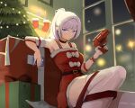  1girl absurdres arm_ribbon armband bare_shoulders belt black_belt bow box breasts cellphone choker christmas christmas_ornaments christmas_present christmas_stocking christmas_tree closed_mouth collarbone commentary dress fur-trimmed_dress fur_trim gift gift_box gun highres holding holding_gun holding_phone holding_weapon indoors korean_commentary long_hair looking_at_viewer medium_breasts phone ponytail purple_eyes red_choker red_dress red_ribbon ribbon santa_costume santa_dress sawolsseu sirian_rain sitting smartphone solo thighhighs virtual_youtuber waktaverse weapon white_bow white_thighhighs window 
