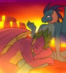  cuddling dragon eyes_closed fantasy female friendship_is_magic horn lava male male/female marik_azemus34 my_little_pony princess_ember_(mlp) romantic scalie sitting sleeping spike_(mlp) wings 