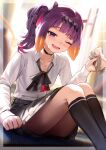  1girl :d ;d absurdres black_bow black_bowtie black_skirt black_socks blunt_bangs bow bowtie collared_shirt colored_inner_hair commentary dress_shirt english_commentary firing food gradient_hair highres holding holding_food hololive hololive_english kneehighs knees_up long_sleeves looking_at_viewer medium_hair miniskirt mole mole_under_eye multicolored_hair ninomae_ina'nis ninomae_ina'nis_(school_uniform) official_alternate_costume official_alternate_hairstyle one_eye_closed open_mouth orange_hair padoruu pink_hair plaid_clothes plaid_skirt pleated_skirt pointy_ears purple_eyes purple_hair school_uniform shirt shirt_tucked_in side_ponytail sidelocks sitting skirt smile socks solo tentacle_hair virtual_youtuber white_shirt 