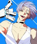  1boy blue_background commentary_request grin highres hush_ch2 jumpsuit korean_commentary looking_at_viewer male_focus panty_&amp;_stocking_with_garterbelt polyester_(psg) purple_hair red_eyes smile solo white_jumpsuit 