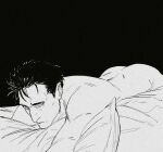  1boy aquiline_nose ass bara black_background closed_mouth commentary completely_nude greyscale higuruma_hiromi jujutsu_kaisen lying male_focus monochrome nose nude on_bed on_stomach pillow short_hair sideburns smokerichi solo 