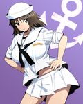  anchor_symbol bandaid bangs black_eyes black_hair black_neckwear blouse breasts commentary_request cowboy_shot dixie_cup_hat eyebrows_visible_through_hair girls_und_panzer hands_on_hips hat highres large_breasts leaning_to_the_side long_hair long_sleeves looking_at_viewer midriff military_hat murakami_(girls_und_panzer) nakahira_guy navel neckerchief ooarai_naval_school_uniform pleated_skirt purple_background sailor sailor_collar school_uniform shirt skirt sleeves_rolled_up solo standing white_blouse white_hat white_shirt 