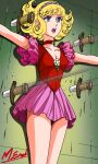  1970s_(style) 1girl absurdres blonde_hair blue_eyes brooch choker curly_hair flower_brooch frilled_skirt frilled_sleeves frills hairband hana_no_ko_lunlun highres jewelry knife leotard lunlun_(hana_no_ko_lunlun) masaaki_endo miniskirt motion_lines official_alternate_costume outstretched_arms red_choker red_leotard retro_artstyle scared short_hair short_sleeves sidelocks signature skirt solo spread_arms sweatdrop throwing_knife weapon 