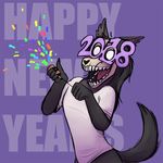  2018 5_fingers ambiguous_gender anthro black_fur canine clothing confetti english_text fangs fur happy holidays kea_(artist) mammal monster new_year open_mouth scp-1471 scp_foundation shirt simple_background skull_mask solo text 