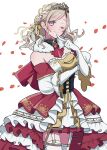  1girl ;) bare_shoulders blue_eyes breasts ceras_yanagida_lilienfeld cowboy_shot crinoline detached_sleeves dress edelinien elbow_gloves falling_petals finger_to_own_chin garter_straps gloves gold_tiara grey_hair hair_ribbon highres lilac_(li_lac_3) long_hair looking_at_viewer love_live! love_live!_hasu_no_sora_jogakuin_school_idol_club medium_breasts one_eye_closed petals red_petals ribbon simple_background smile solo strapless strapless_dress thighhighs virtual_youtuber white_background white_dress white_gloves white_thighhighs yellow_ribbon 