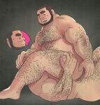  2boys bara beard belly blush commentary_request couple facial_hair from_side full_beard highres huge_eyebrows implied_fellatio large_pectorals makotobear male_focus mature_male multiple_boys muscular muscular_male original pectorals plump short_hair spoken_character thick_arm_hair thick_chest_hair thick_leg_hair thick_navel_hair undercut very_hairy yaoi 