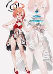  1girl absurdres ahoge bandaid bandaid_on_knee bandaid_on_leg bare_shoulders blue_archive bow bowtie breasts champagne_coupe champagne_tower clothes_around_waist commentary cup detached_collar drinking_glass earrings full_body halo high_heels highres holding holding_tray huge_ahoge jacket jacket_around_waist jewelry leotard looking_at_viewer mole mole_under_each_eye mole_under_eye multiple_moles neru_(blue_archive) neru_(bunny)_(blue_archive) not_forever2w official_alternate_costume oversized_breast_cup playboy_bunny print_jacket red_eyes red_leotard red_shoes shoes small_breasts solo standing strapless strapless_leotard stud_earrings sukajan sweat tag traditional_bowtie tray untranslatable_commentary zoom_layer 