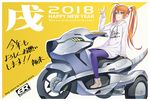  2018 \m/ ahoge ankle_boots aqua_eyes bangs blush boots brown_footwear closed_mouth clothes_writing english fukukitaru full_body ground_vehicle hair_between_eyes hair_bobbles hair_ornament hand_up happy_new_year long_sleeves looking_at_viewer motor_vehicle motorcycle new_year on_motorcycle orange_hair original pantyhose pink_sweater purple_legwear sitting smile solo straddling sweater translation_request tsurime twintails two-tone_background 