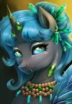  2017 beads blue_hair bust_portrait changeling crystals ear_piercing emerald_(gem) eyelashes eyeshadow fan_character fangs female gem hair horn insect_wings jewelry looking_at_viewer makeup mascara my_little_pony necklace piercing portrait queen_polistae simple_background slit_pupils smile solo sorcerushorserus teal_eyes two_tone_background wings 