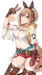  1girl atelier_(series) atelier_ryza atelier_ryza_1 beret breasts brown_gloves brown_hair commentary_request duku_(hus7788950) flask gloves hair_ornament hairclip hat highres jewelry leather leather_belt leather_gloves legs necklace red_shorts reisalin_stout round-bottom_flask shirt short_hair short_shorts shorts smile solo star_(symbol) star_necklace thick_thighs thighs vial white_background white_hat white_shirt 