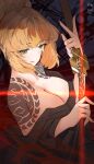  1girl absurdres baichu_(83216) blood blood_on_face breasts cleavage closed_mouth commentary glint green_eyes hair_bun highres ishmael_(project_moon) katana kurokumo_clan_(identity)_(project_moon) large_breasts limbus_company looking_at_viewer orange_hair project_moon sheath shoulder_tattoo smile solo sword tattoo unsheathing upper_body weapon 