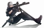  1girl aiming belt black_gloves black_jacket black_pants black_shoes borrowed_character breasts colored_eyelashes commentary commission ear_protection english_commentary eno_(hyeonhyunhyoon) flashlight full_body gloves grey_eyes grey_hair gun hair_between_eyes handgun highres holding holding_gun holding_tripod holding_weapon holster jacket large_breasts laser_sight magazine_(weapon) maxturbo69 military optical_sight original pants peq rifle shoes sitting solo sr-25 tripod unworn_gloves weapon 