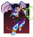  1boy aiming android arm_cannon armor bat_wings border chest_jewel claws commentary demon_tail english_commentary evil_smile fang finger_claws flying full_body gloves gradient_background green_eyes helmet high_collar highres mega_man_(classic) mega_man_(series) mega_man_7 open_mouth outside_border purple_armor purple_helmet robot robot_ears shade_man simple_background smile solo tail talons teeth toastiepumpkin upper_teeth_only vampire weapon white_border white_gloves wings 