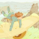 1girl 55bata6rou belt_pouch blue_boots blue_gloves blue_jacket boots brown_hair day earrings flying forest full_body gloves highres hill jacket jewelry kaze_no_tani_no_nausicaa looking_to_the_side nature nausicaa outdoors pouch scenery short_hair solo tree 