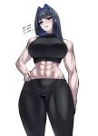  1girl abs absurdres black_vest blue_eyes blue_hair blush breasts breath calvin_klein commentary ear_piercing english_text hair_intakes hand_on_own_hip highres hololive hololive_english large_breasts looking_at_viewer looking_down midriff muscular ouro_kronii pants piercing short_hair sleeveless sleeveless_turtleneck solo turtleneck vanillanight vest virtual_youtuber white_background yoga_pants 