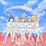  5girls :d \m/ album_cover album_name anime_coloring arashi_chisato armband ascot belt beret black_hair block_heels blonde_hair blue_eyes blue_sky blue_trim blunt_bangs bracelet buttons closed_mouth cloud commentary cover crossed_legs day double-breasted double_bun earrings facing_viewer fascinator foot_dangle full_body green_eyes grey_hair group_name hair_between_eyes hair_bun hair_ribbon hairband hand_on_another's_knee hand_on_another's_shoulder hand_on_own_knee happy hat hazuki_ren heanna_sumire high_heels high_ponytail highres holding_hands interlocked_fingers jewelry kato_rie layered_skirt lineup locked_arms long_hair looking_at_viewer looking_up love_live! love_live!_superstar!! medium_skirt multiple_girls official_art open_mouth outdoors outstretched_arm pearl_bracelet pointing ponytail puffy_short_sleeves puffy_sleeves purple_eyes rainbow red_eyes ribbon shibuya_kanon shirt short_hair short_sleeves sitting sitting_on_wall skirt sky smile socks song_name star_(symbol) star_earrings tang_keke teeth upper_teeth_only vest watanabe_atsuko white_belt white_hair white_hairband white_hat white_ribbon white_shirt white_socks white_vest yellow_eyes 