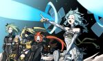  5girls bare_shoulders black_horns blindfold_mask blonde_hair blue_hair boutonniere closed_eyes covered_eyes curled_horns dress elbow_gloves floating_hair flower flower_hairpin gloves glowing_mask green_hair grey_hair hansam0657 horns isolde_(zenless_zone_zero) laser long_hair magus_(zenless_zone_zero) mask mechanical_horns mechanical_tail mole mole_on_shoulder multiple_girls navel open_mouth orange_hair orphie_magnusson pointing pointy_ears see-through_clothes see-through_dress_layer seed_(zenless_zone_zero) segway soldier_11_(zenless_zone_zero) tail tinted_eyewear trigger_(zenless_zone_zero) turtleneck turtleneck_dress white_dress white_flower white_gloves yellow-tinted_eyewear zenless_zone_zero zipper_dress 