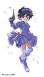  1boy black_gloves black_hair boots brown_eyes buttons commentary_request crossdressing crossdressing_(mtf) double-breasted dress frilled_dress frilled_shirt_collar frilled_wrist_cuffs frills full_body gloves grey_boots grey_dress grin gun hair_between_eyes hairband handgun heart_(heisei_pistol_show) heisei_pistol_show holding holding_gun holding_weapon imojya_1111 knee_boots lens_flare lolita_fashion lolita_hairband looking_at_viewer male_focus short_hair simple_background smile solo sparkle thighhighs twitter_username weapon white_background white_thighhighs wind wind_lift wrist_cuffs 