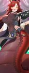  1girl absurdres bare_shoulders black_panties black_scrunchie blush breasts capelet commentary covered_navel fangs fire_emblem fire_emblem_heroes from_below full_body grey_background grey_leotard hair_ornament hair_scrunchie highres hip_armor holding holding_stuffed_toy ikura_(downdexp) impossible_clothes jewelry jormungandr_(fire_emblem) lamia large_breasts leotard long_hair looking_at_viewer looking_down monster_girl open_mouth panties pelvic_curtain red_hair red_scales scales scrunchie skin_tight solo stuffed_animal stuffed_sheep stuffed_toy taut_clothes thong thong_panties topknot underwear very_long_hair white_capelet yellow_eyes 