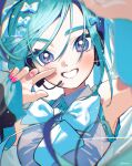  1girl aqua_hair bare_shoulders blue_bow blue_bowtie blue_eyes bow bowtie commentary hair_bow hatsune_miku headset highres kouhara_yuyu long_hair looking_at_viewer nail_polish pink_nails shirt sleeveless sleeveless_shirt smile solo sparkle sparkling_aura twitter_username very_long_hair vocaloid 