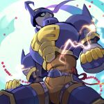  1boy armor blitzmon blue_armor blue_helmet commentary_request digimon digimon_(creature) digimon_frontier electricity green_eyes helmet highres horns looking_at_viewer male_focus mask mooopl single_horn solo 