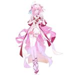  1girl beretta_92 breasts commentary diamond-shaped_pupils diamond_(shape) dress earrings elf elysia_(hi_love_elf)_(honkai_impact) elysia_(honkai_impact) four-finger_heart_hands gun handgun heart heart_earrings heart_hands highres honkai_(series) honkai_impact_3rd jewelry long_hair looking_at_viewer medium_breasts multicolored_hair pink_hair pointy_ears purple_eyes red_dress ria_jina simple_background smile solo symbol-shaped_pupils thighhighs two-tone_dress two-tone_hair very_long_hair weapon white_background white_dress white_hair white_thighhighs 