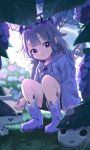  1girl absurdres alternate_costume black_shorts blush boots chest_jewel circlet closed_mouth commentary_request english_commentary gem grass grey_boots grey_hair grey_raincoat highres holding holding_umbrella hololive hololive_english jewel_under_eye koseki_bijou leaf long_hair looking_at_another mixed-language_commentary outdoors pebble_(koseki_bijou) purple_eyes purple_gem rain rock rubber_boots shorts smile squatting transparent transparent_umbrella umbrella uminonin46978 virtual_youtuber 