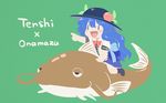  :d animal bangs bare_arms black_hat blue_bow blue_hair blue_skirt blush bow bowler_hat bowtie catfish character_name chibi fish flat_chest food fruit green_background hair_between_eyes hat hinanawi_tenshi index_finger_raised itatatata leaf long_hair looking_away namazu no_eyebrows no_nose open_mouth peach pointing puffy_short_sleeves puffy_sleeves red_bow red_neckwear riding scarlet_weather_rhapsody shirt short_sleeves skirt smile solo tongue touhou very_long_hair white_shirt |_| 