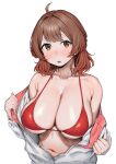  1girl :o bikini blush breasts brown_eyes brown_hair commentary_request curvy gakuen_idolmaster hanami_ume highres idolmaster jacket kaipon large_breasts looking_at_viewer navel open_clothes open_jacket red_bikini simple_background solo swimsuit upper_body white_background 