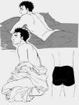  1boy ass back blanket closed_mouth completely_nude from_side greyscale highres higuruma_hiromi jujutsu_kaisen lying male_focus monochrome multiple_views nose nude on_bed on_stomach shirt shirt_partially_removed short_hair sideburns simple_background smokerichi under_covers underwear underwear_only white_background 