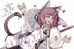 1girl :d animal_ear_fluff animal_ears arknights black_hair blunt_bangs brown_hair cat_ears cat_girl cat_tail caution_tape chinese_commentary commentary_request dark-skinned_female dark_skin dated fang heart leaning_forward long_hair long_sleeves looking_at_viewer open_mouth oversized_jacket signature simple_background smile solo sparkle tail titi_(arknights) v white_background yanyuan yellow_eyes 