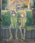  2boys :< aged_down animal_hood aqua_streaks blush boots child closed_mouth closed_umbrella commentary_request frog_hood full_body green_raincoat hedge highres holding holding_umbrella hood hood_up kamishiro_rui korean_commentary layered_sleeves long_sleeves looking_at_another male_focus multicolored_hair multiple_boys open_mouth outdoors project_sekai purple_hair rain raincoat rubber_boots see-through_clothes see-through_raincoat short_hair shorts sitting streaked_hair tenma_tsukasa transparent transparent_umbrella umbrella unim_10 v-shaped_eyebrows yellow_boots yellow_eyes yellow_raincoat yellow_umbrella 