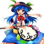  :d antinomy_of_common_flowers apron black_hat blue_skirt bow buttons cowboy_shot food frilled_skirt frills fruit harukawa_moe hat hinanawi_tenshi holding holding_sword holding_weapon long_hair looking_at_viewer official_art open_mouth peach puffy_short_sleeves puffy_sleeves red_bow red_eyes shirt short_sleeves skirt smile solo sword sword_of_hisou touhou transparent_background weapon white_shirt 